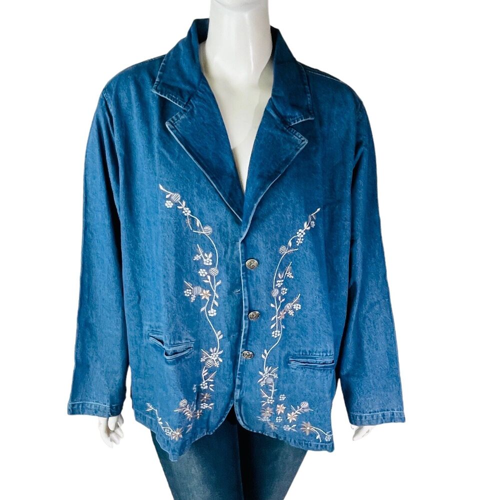 Tudor Court Sz 3X Plus Jacket Blazer Vintage Denim Blue Floral Embroidery